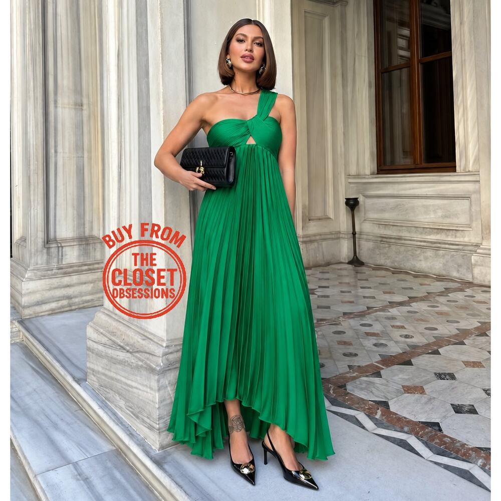 Mango NWT Emerald Green One Shoulder Pleated Maxi Dress 6 8 10 - Picture 9 of 16